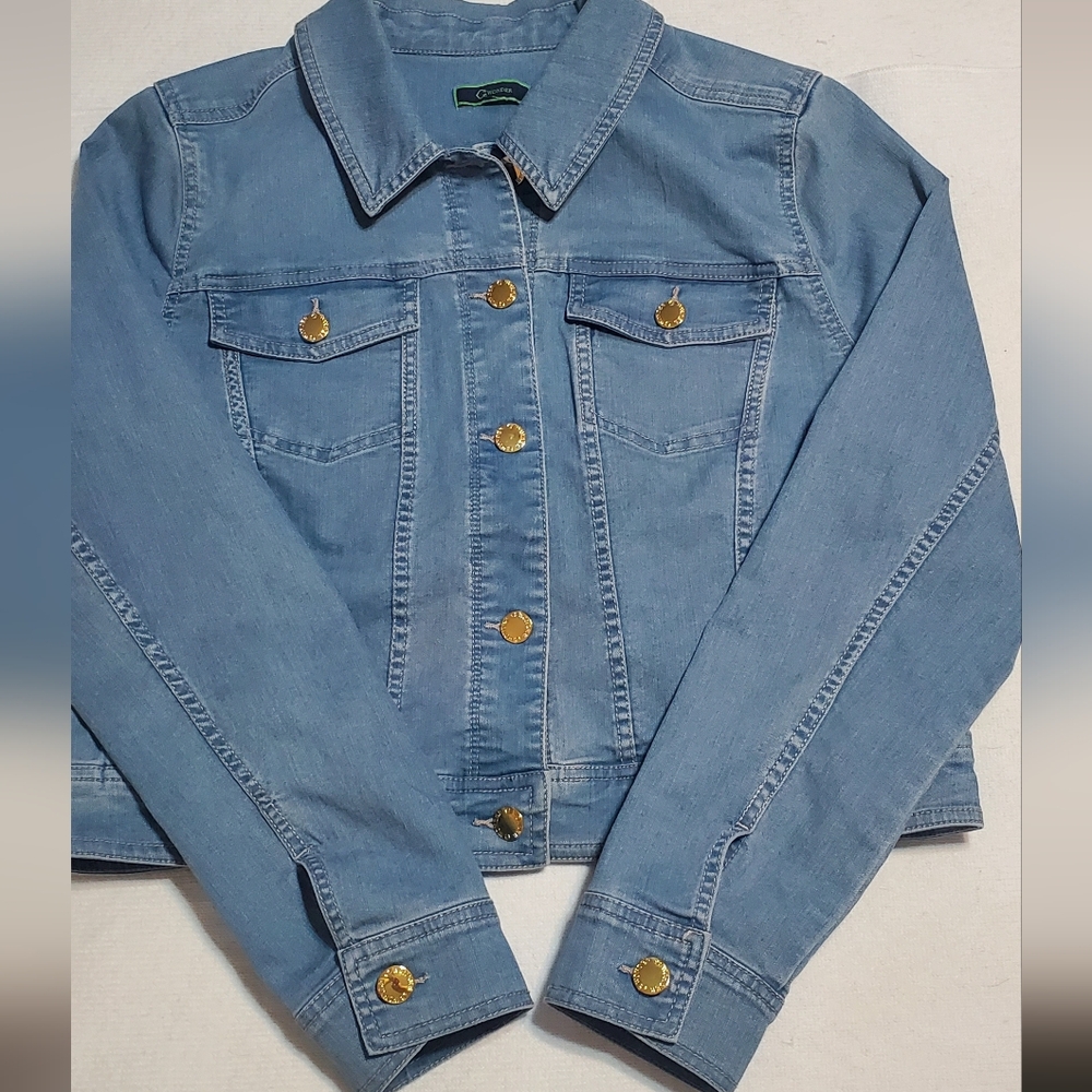 Classic Stylish Blue Denim Crop Jacket. Gold Accent Buttons. Sz L? - Picture 1 of 8